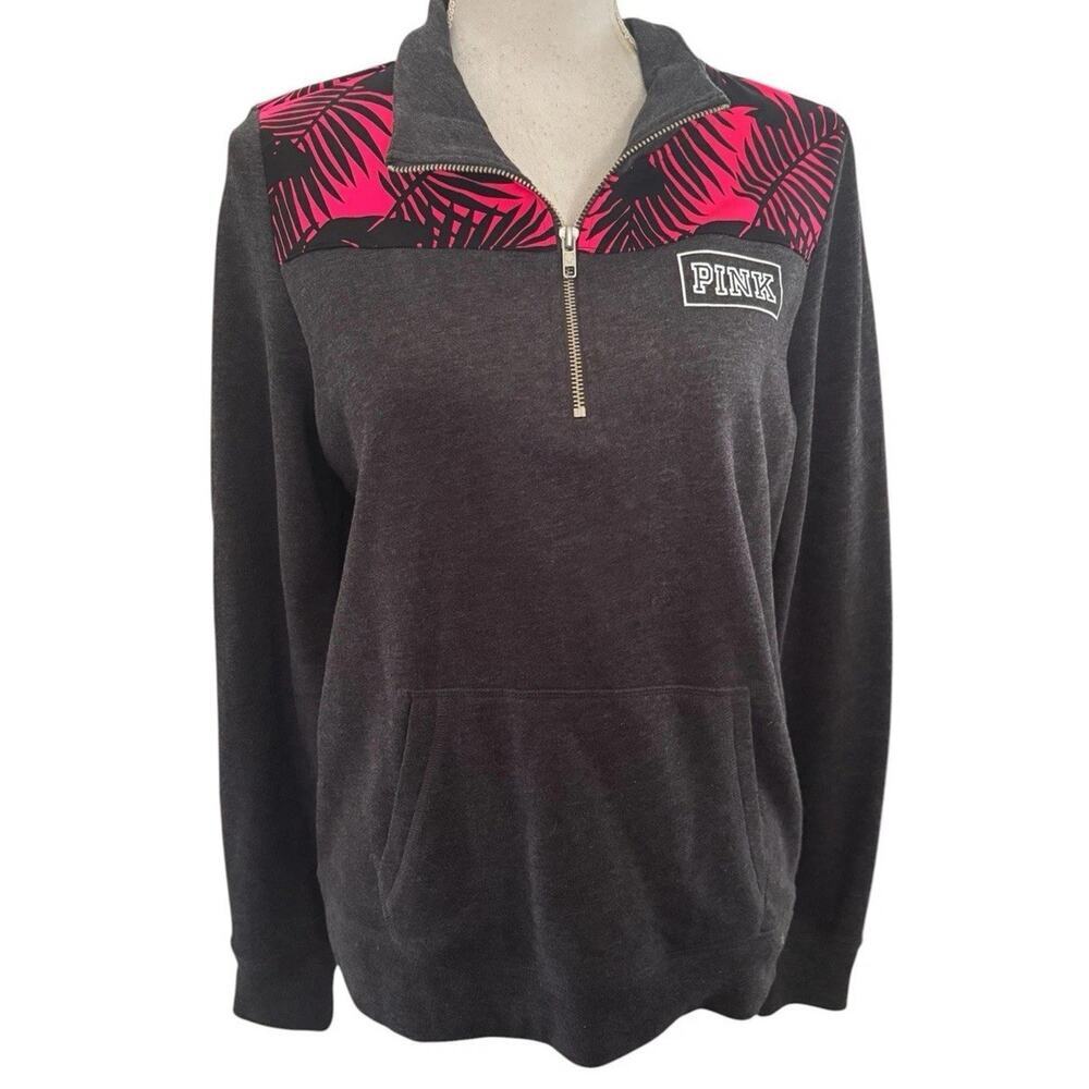 Victoria's Secret PINK Grey Multicolor Tropical Palm Perfect Quarter Zip M NWT